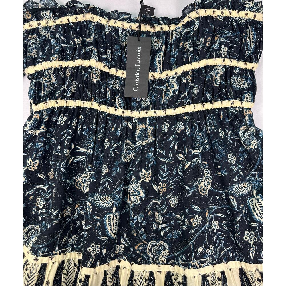 NWT Christian Lacroix Dark Blue Floral Cream Trim Midi Dress Size L - Picture 5 of 12